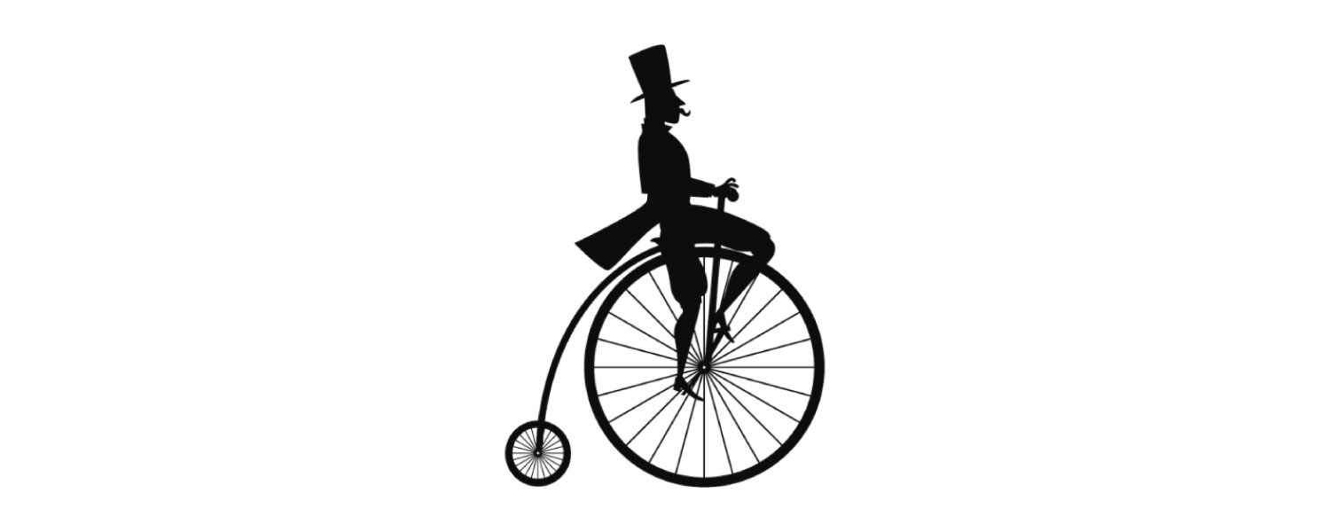 A moustachioed gentleman wearing a tophat riding an old fashioned bicycle
