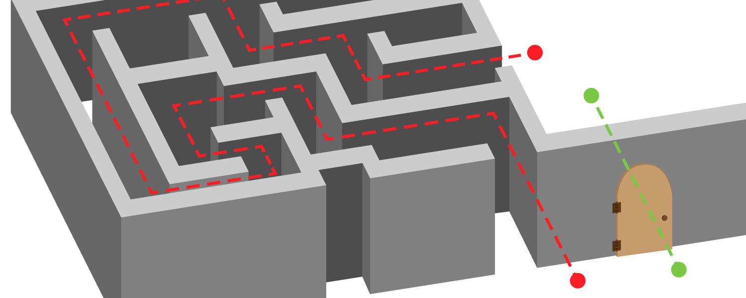 Two dotted lines passing through a maze