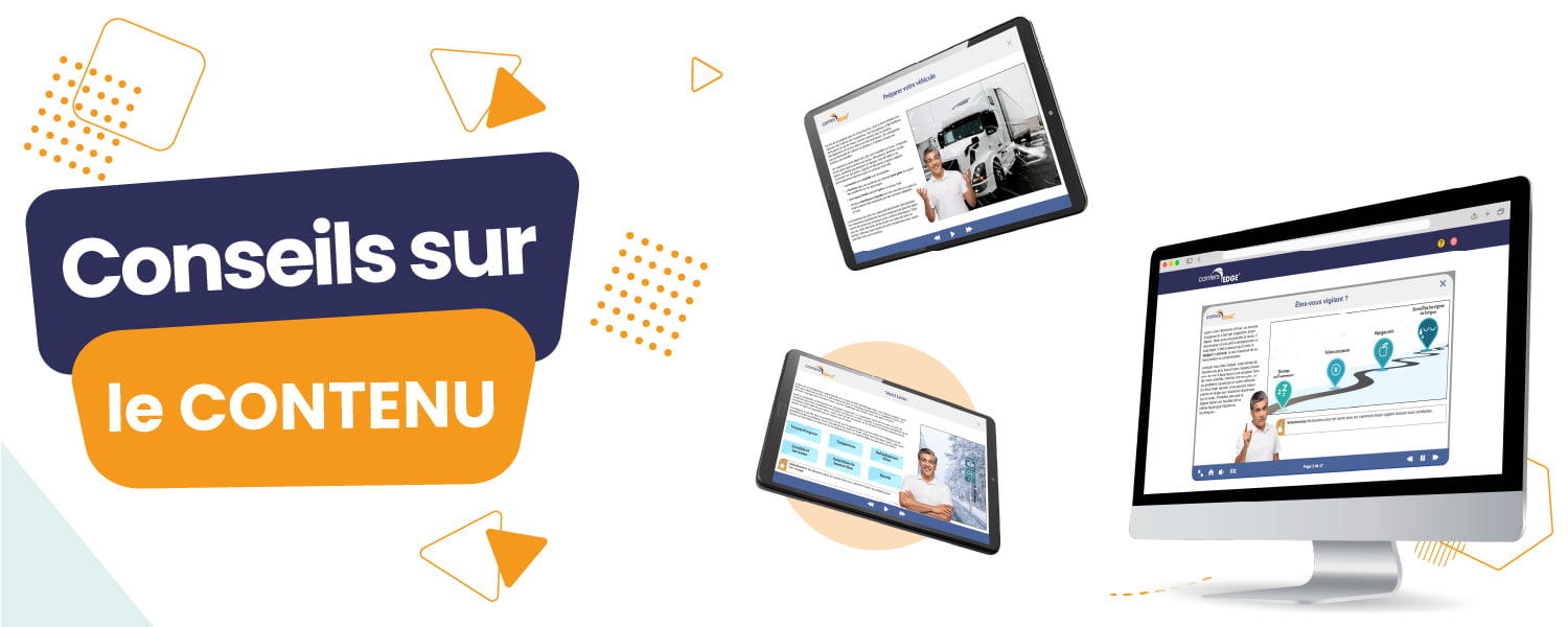 Conseils sur le contenu avec des tablettes électroniques flottantes affichant des captures d’écran de cours CarriersEdge