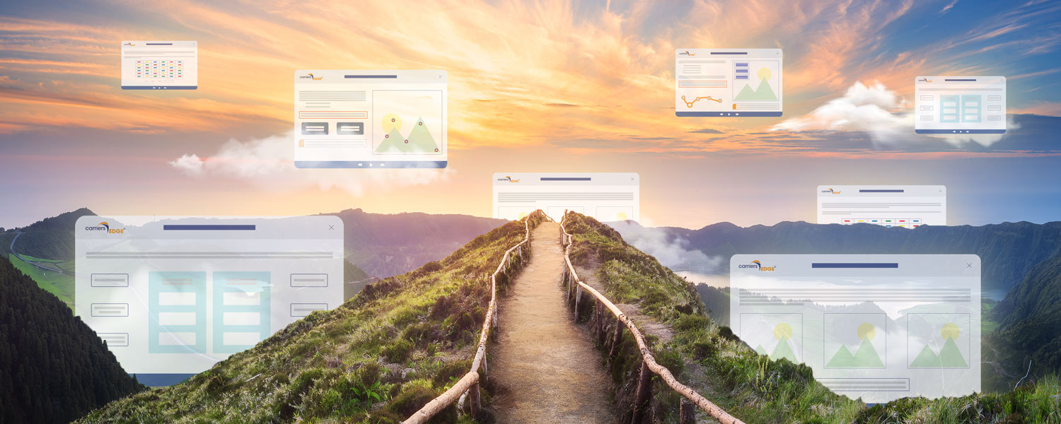 A trail in the mountains with screenshots of online training floating in the sky