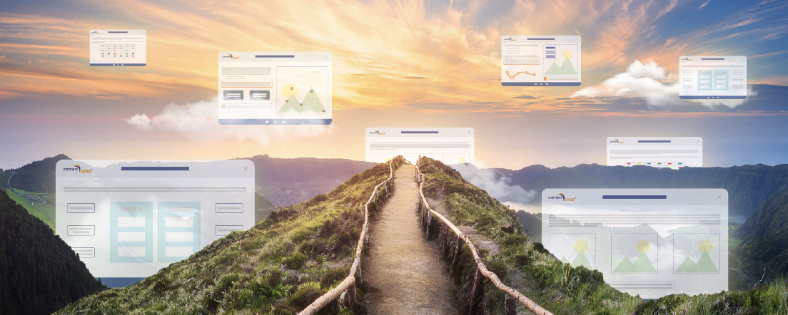 A trail in the mountains with screenshots of online training floating in the sky