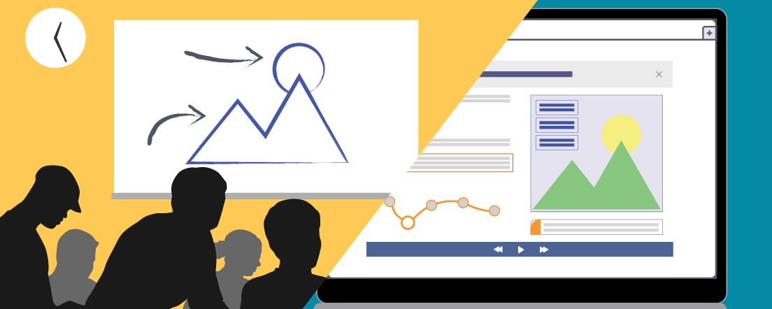 Image divisée d’une salle de classe à gauche et d’un ordinateur portable à droite