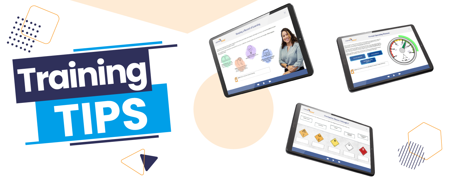 Training Tips with floating tablets displaying CarriersEdge course screenshots