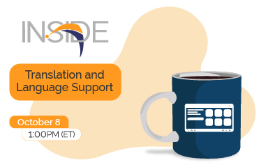 Inside webinar title and navy blue mug